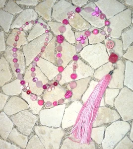 ★ lange Y - Kette ★ FLOWER POWER HIPPIE ★ QUASTE ★ rosa, pink & kristall ★ - Picture 1 of 3