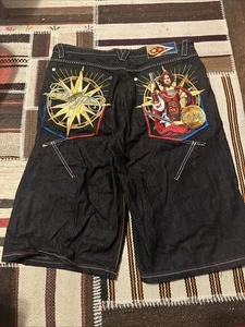 VTG Rare Coogi Warrior Jesus Embroidered Denim Shorts Size 40 - Picture 1 of 10