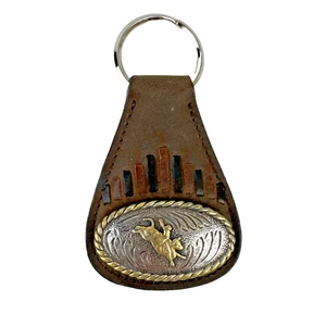 Vintage Leather Keychain Metal Bull Rider Rodeo Cowboy Bucking - Picture 1 of 6