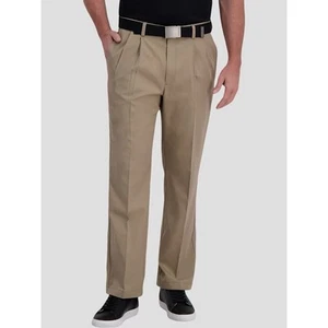 Haggar Pants Mens 50x30 NEW Big Tall Flex Waist Khaki Tan Pleated Office Slacks - Picture 1 of 17