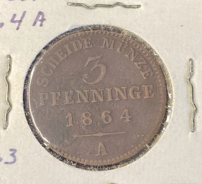 1864 A German States Prussia 3 Pfennig Copper Coin Free Shipping - Image 1 of 2