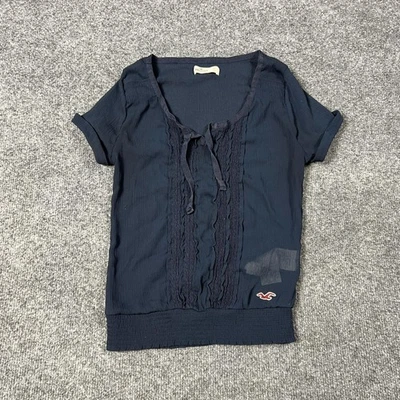 Camisa Hollister para mujer XS azul marino con ribete de encaje cuello atado Bella Y2k manga corta Foto 1 de 4