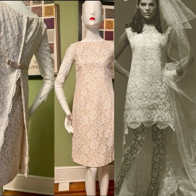 Vtg Ann Barry 1950s Mod Bridal Lace Wedding Aline Mini Dress w Fishtail Sz S - Image 1 of 4