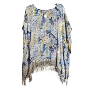 Chicos Oversized Tunic Top Women Large XL Multicolor Boho Fringe Linen Blouse - Picture 1 of 8