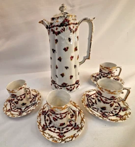 Vtg Prov. SXE. E.S. Germany Porcelain Chocolate Pot 4 Cups & SaucerMetallic Edge - Picture 1 of 23