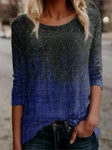 Fashion Women Art Blue Printed Round Neck T-Shirt Casual Long Sleeve Clothing - Picture 1 of 3