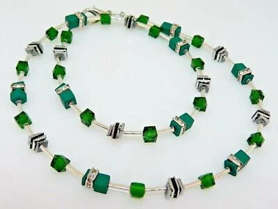 Halskette Würfel Hämatit Quadrat Glas Cube Strass Emeral dunkelgrün smaragd 519d - Bild 1 von 4