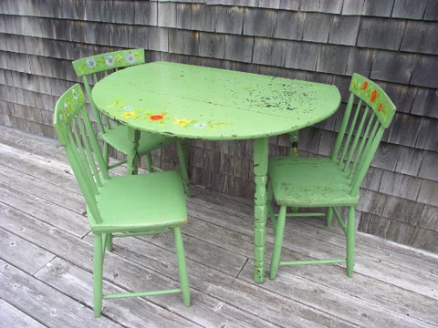 ANTIQUE Shabby Farmhouse Drop Leaf Farm Country table and Plank bottom Chair Set Cover