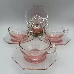 Pink Depression Octagon Cup and Saucer, Set of 4 - Picture 1 of 14