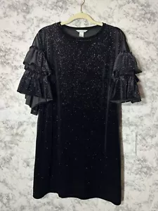 H&M Black Sparkle Velvet Mini Dress Ruffle Sleeve Sz M EUC - Picture 1 of 9