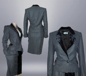 LOUIS FERAUD CHEVRON POPLIN TWEED VELVET COLLAR JACKET PENCIL SKIRT SUIT - Picture 1 of 14