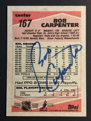 BOB CARPENTER BOSTON BRUINS 1989 TOPPS #167 AUTOGRAPHED HOCKEY CARD - Image 1 of 2