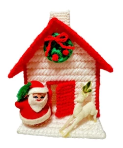 Vtg Plastic Canvas Yarn Needlepoint Santa House Reindeer Christmas Decor Kitschy - Picture 1 of 10