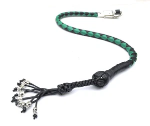 PU Leather Motorcycle Whip Get Back whip 1" Ball & Skulls 36" GREEN / BLACK - Picture 1 of 8