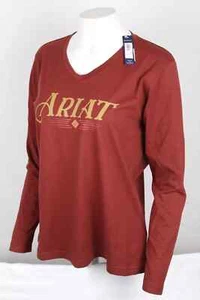 Ariat Women's Real T Shirt Vibrant S Small Relaxed Fit V Long Sleeve Fired Brick - Picture 1 of 3