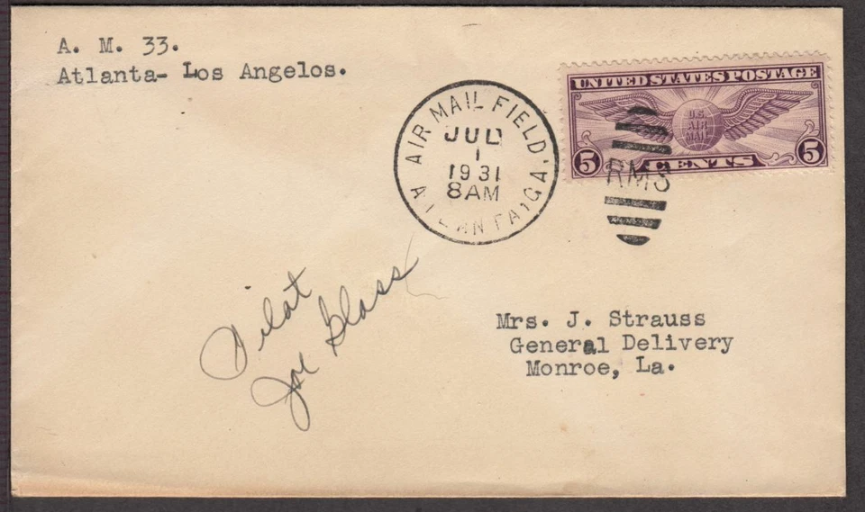 1931 First Flight CAM-33 Atlanta - Los Angeles, pilot Joe Glass signed (A - Image 1 of 2