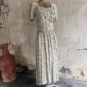 Vintage 1930s 1940s Feather Print Rayon Dress Grey Yellow & Green Bow Gathered - Picture 1 of 23