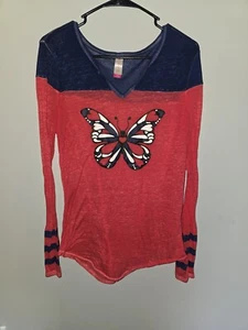 Wemons Sheer Red And Blue Butterfly Long Sleeve Shirt - Picture 1 of 2