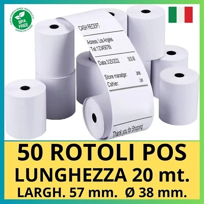 50 Rotoli Pos Lunghezza 20 mt. 57x38 mm. Termici Bancomat Carta di Credito