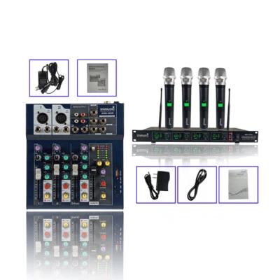 4-Channel Audio DJ Mixer Mini Stereo Stage Mixing 4CH Wireless Microphone System - Image 1 of 4