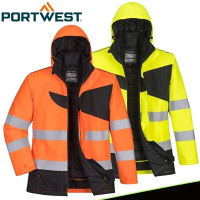 PORTWEST PW2 Hi Vis Winter Jacket Waterproof Padded Lined Hooded Work Coat PW261 - Image 1 of 4