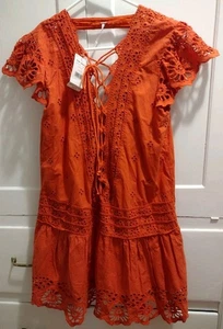 FREE PEOPLE Cotton Esperanza Eyelet Mini Dress/Long Top Orange Size S MSRP $148 - Picture 1 of 8