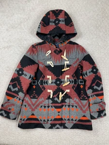 GAP Coat Womens XS Petite Red Black Aztec Wool Long Length Hooded Toggle Closure - Picture 1 of 7