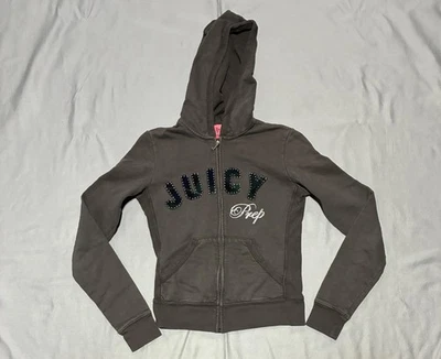 Juicy Couture Hoodie Womens Petite Gray Full Zip Juicy Prep Rhinestone Made USA - Image 1 of 4