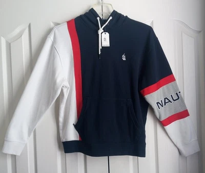 Pulôver com capuz vintage anos 90 Nautica K17683 colorblock vermelho marinho branco tamanho pequeno - Imagem 1 de 4