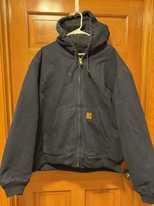 Carhartt J130 Hooded Quilt Lined Canvas Jacket Men's 2XL Navy Coat Full Zip - Picture 1 of 9
