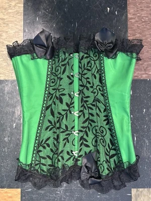 Mujer Verde Sobre Busto Corsé Con Ribete Encaje Negro Terciopelo Flocado TALLA PEQUEÑA Foto 1 de 4