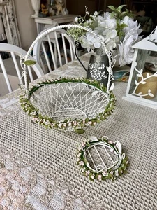 Vintage Tole Metal Basket & Coaster Green Leaves Pink & White Flowers 10.5” Tall - Picture 1 of 11