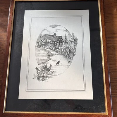 Vintage Glenda Rae Pencil Sketch Of Country Cottage With Chickens Wall Art Decor - Image 1 of 4