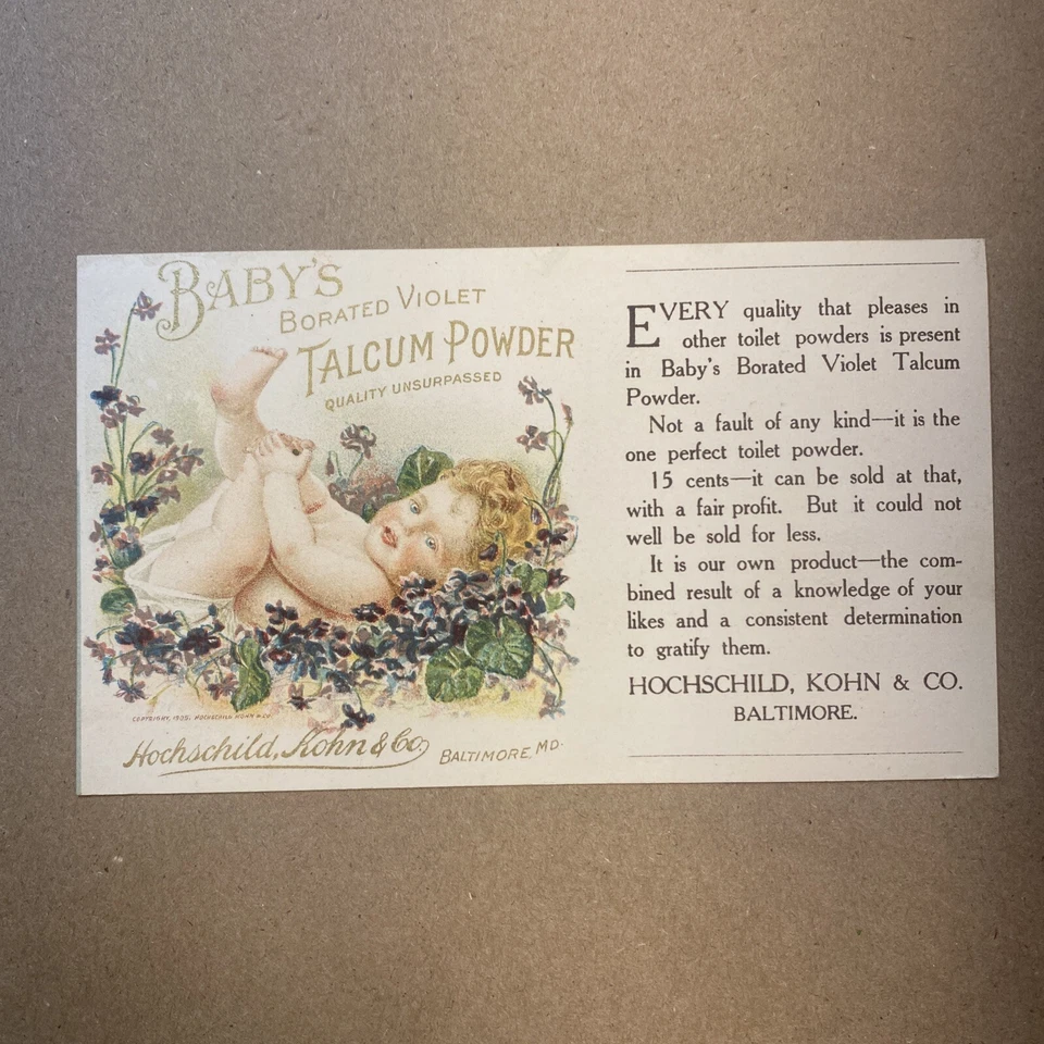 Редкая антикварная почти как новая неразделенная открытка с детской присыпкой Hochschild Kohn & Co 1905 г. - Изображение 1 из 4