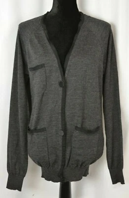 Lanvin Paris 女式开衫毛衣,尺寸小号纽扣羊毛灰色口袋波西米亚 — 第 1/4 张图片