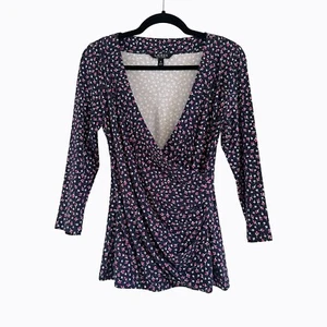 Lauren Ralph Lauren Wrap Top French Navy Floral 3/4 Sleeve Y2K Whimsigoth Sz M - Picture 1 of 9