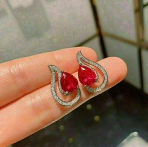 2Ct Pear Cut Lab Created Red Ruby Women's Stud Earring 14k White Gold Plated - Picture 1 of 8
