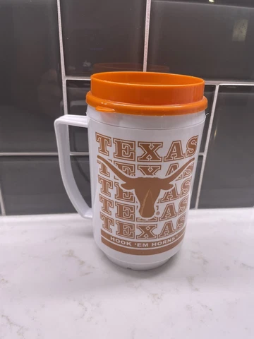 Texas Longhorns Travel Mug Vintage Made In USA UT Hook Em Horns Tumbler Whirley Cover