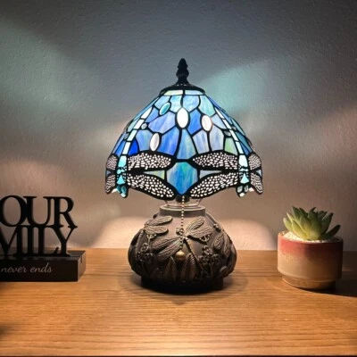 ENJOY DECOR LAMPS Tiffany Style Mini Table Lamp Blue Stained Glass Dragonfly LED Bulb 12"H*8'W*8"D