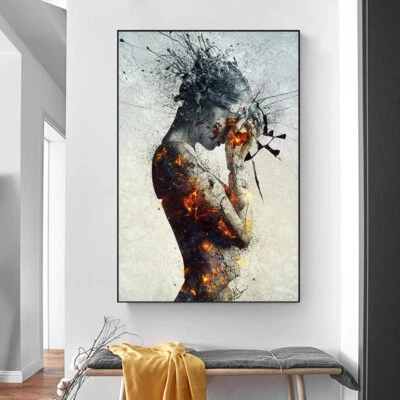 Abstract Burning Girl Canvas Paintings Posters Prints Woman Portrait Wall Art  - Image 1 of 3