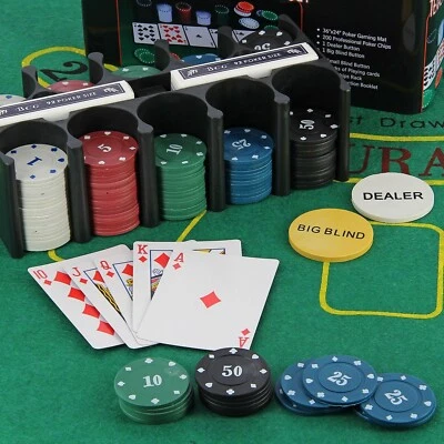 Texas Hold'em Poker Set 200pc 2 Deck Cards Blackjack Game Mat Casino Chips Rack - Image 1 of 4