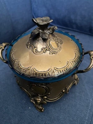 Antique Silver And Cobalt Blue Glass Three Piece Sugar Bowl. Beautiful Piece - Image 1 of 4