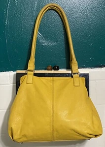 RARE Spade Bixby Kiss-Lock Yellow Leather Handbag Purse Wooden Closure - Picture 1 of 24