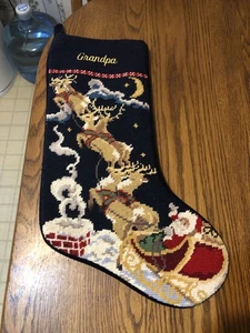 Santa & Reindeer Grandpa Needlepoint Stocking - Picture 1 of 8