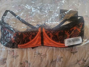 NWT Frederick's Of Hollywood Size 10 Lux Open Cup Orange Black Lace Bra ROBK - Picture 1 of 8