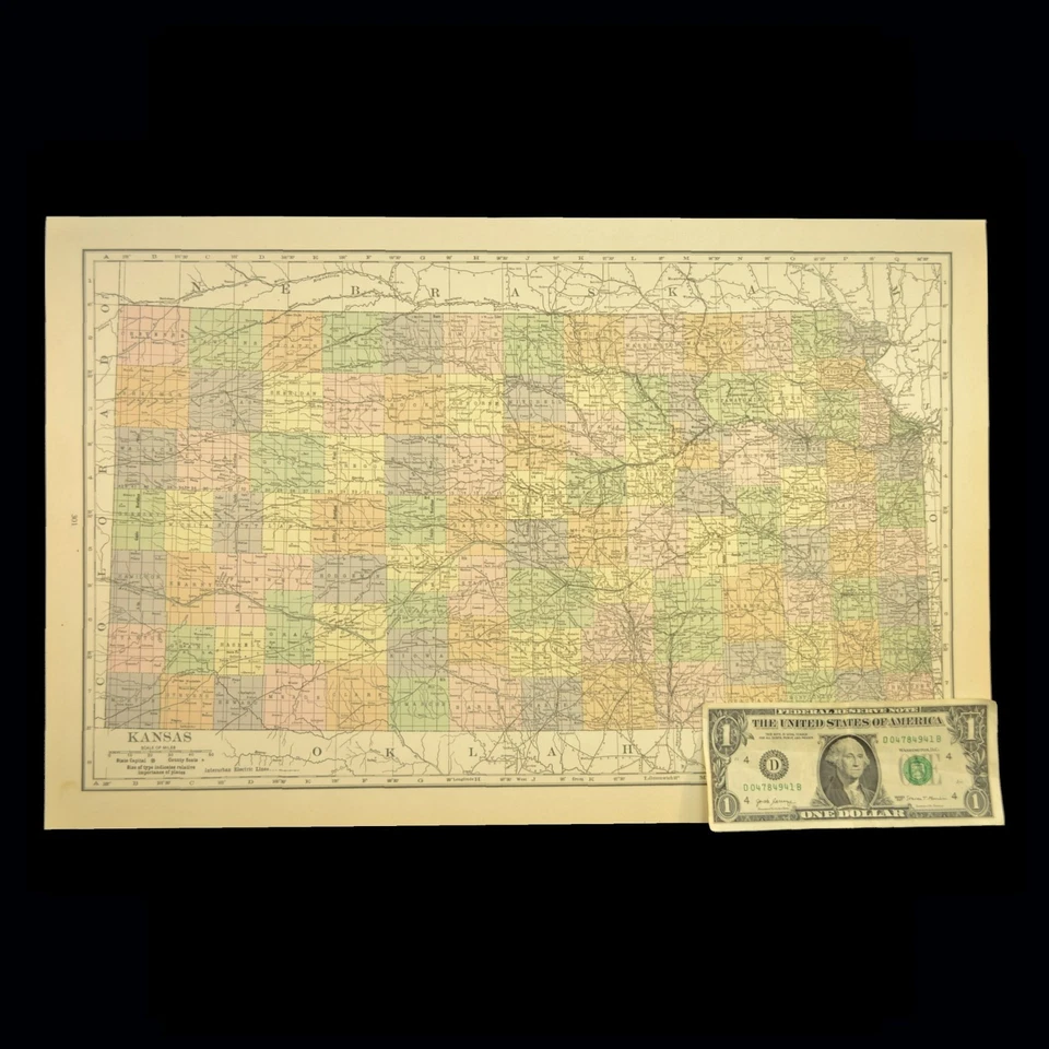 Vintage KANSAS Mapa Ferroviário Arte de Parede Linhas Ferroviárias Elétricas Antigo Original - Imagem 1 de 4