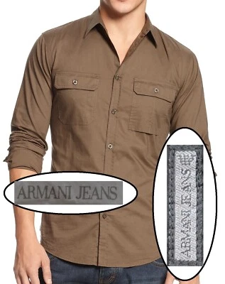 NWT Armani Jeans LOGO Slim Fit 2 Flap Pockets Crisp Style Sport Shirt Size L  - Image 1 of 4