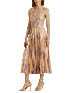 LAUREN RALPH LAUREN Women Pleated Metallic Floral Skirt Midi Blush Dress Size 14 - Picture 1 of 8