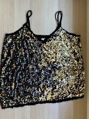Blusa Camisa Top JUSTFAB Damas Negra Dorada Con Cuentas Lentejuelas Patrón Talla XXL Foto 1 de 4