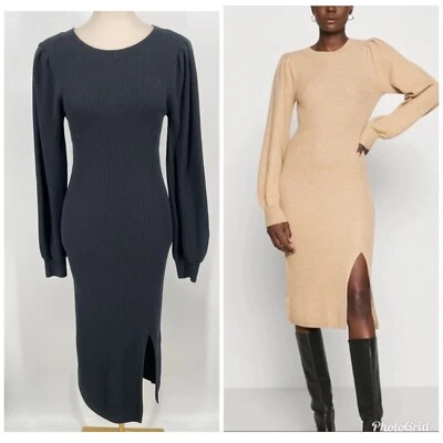 Abercrombie and Fitch size S midi sweater dress puff sleeve ribbed black bodycon - Image 1 of 4